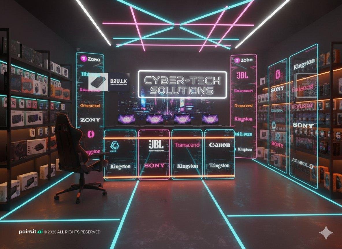 Retail space with neon ceiling lights, dark walls and lit product shelving
