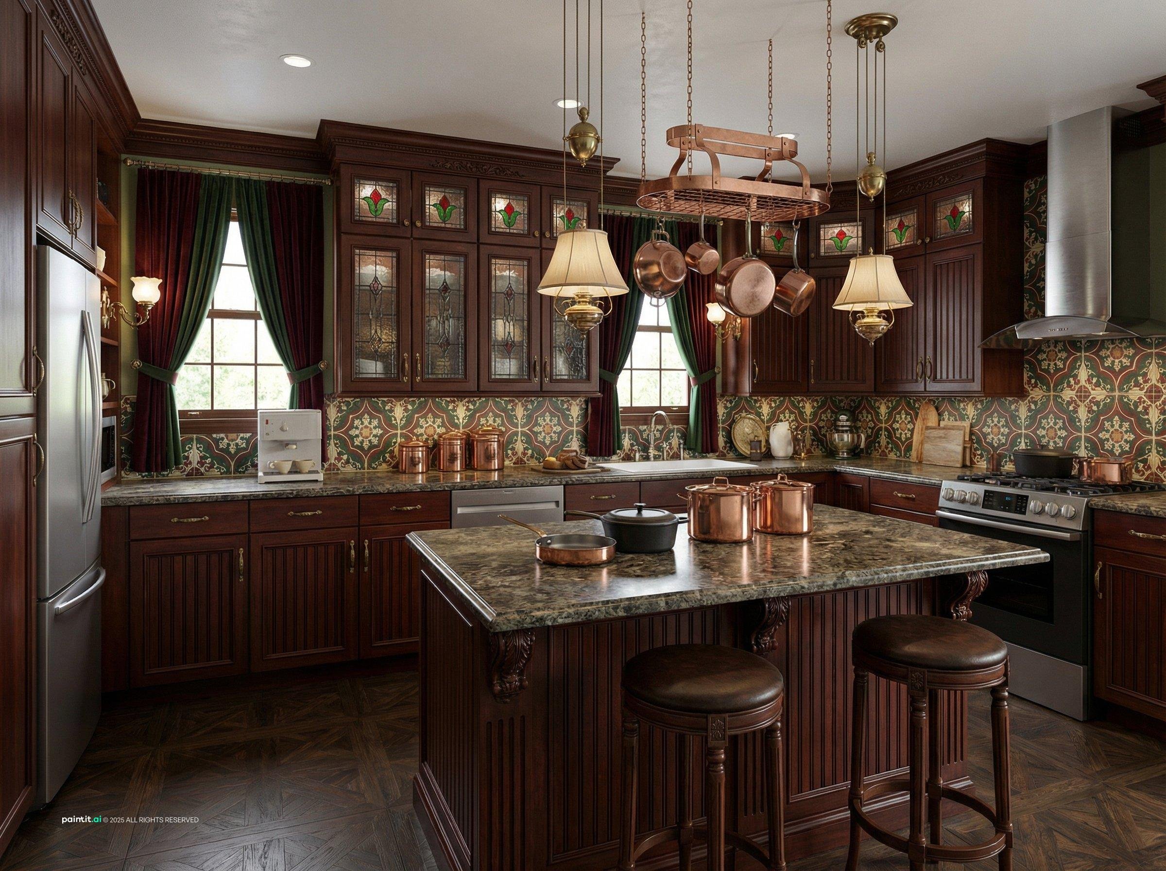 Victorian-style kitchen with glazed dark wood cabinets, a copper pot rack and a patterned tile splashback