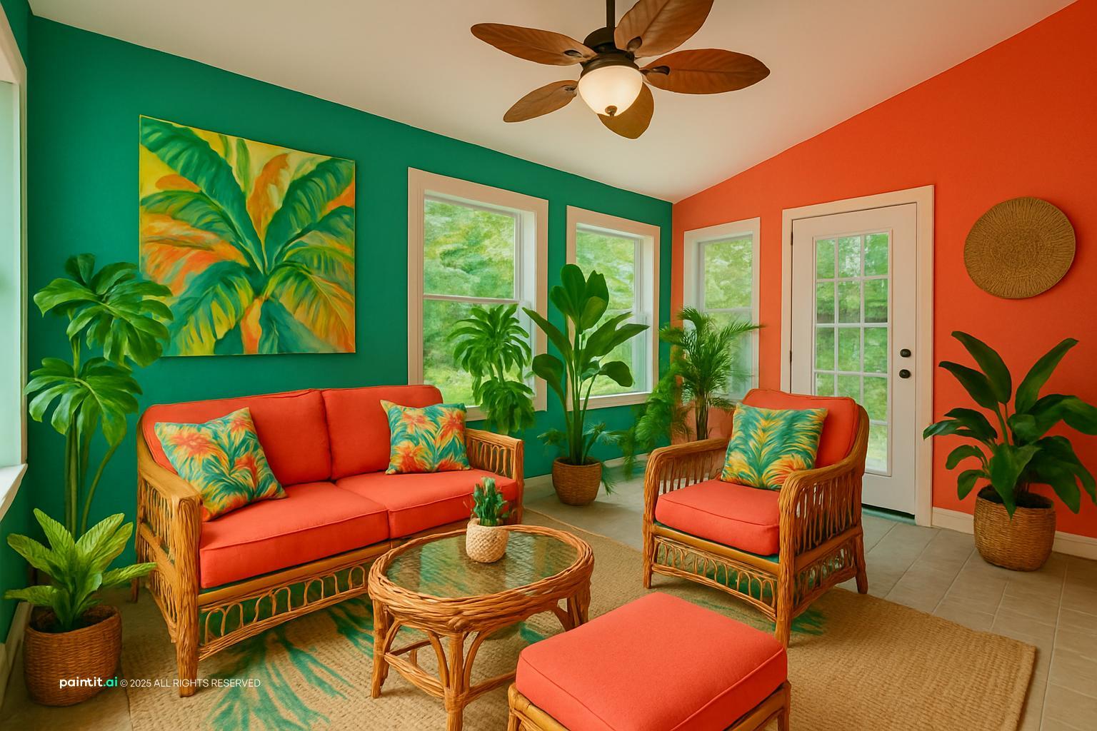 Tropical pastel sitting room with rattan furniture and coral accents