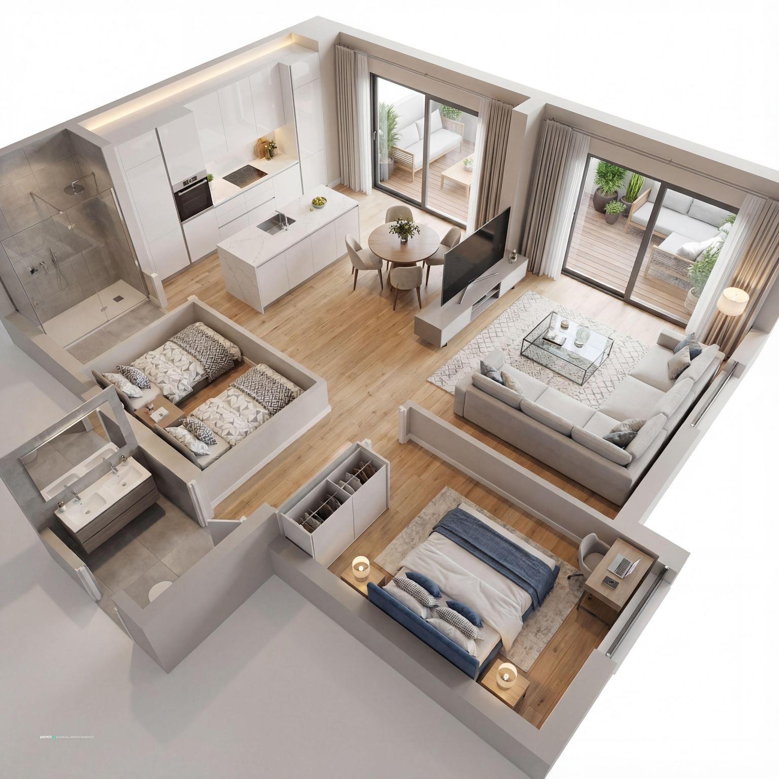 Modern 3D apartment floor plan design for a very small living room, optimizing layout for functional and stylish compact living.