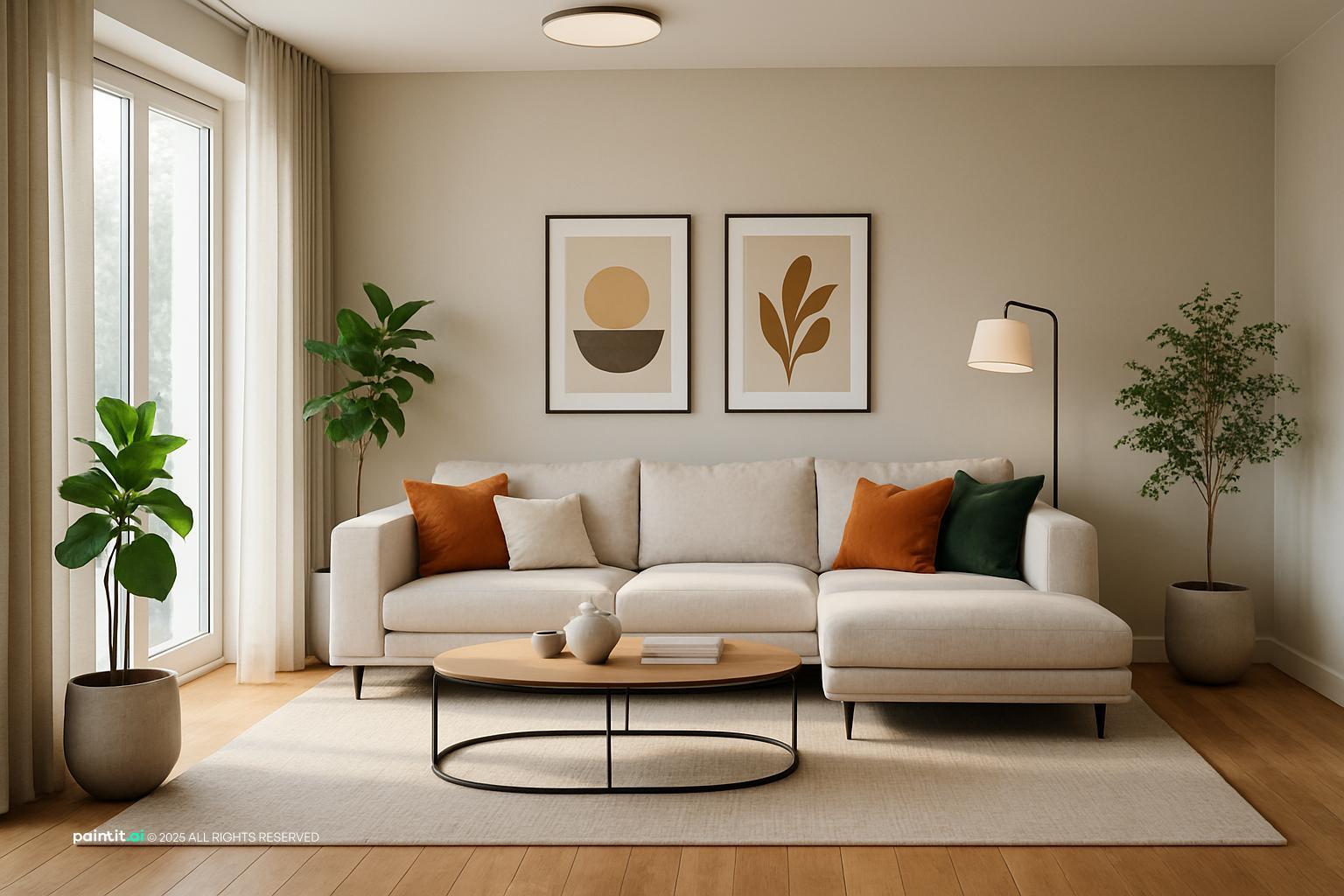 Contemporary living room decor for apartment, modular sofa, hardwood, and greenery for inviting atmosphere.