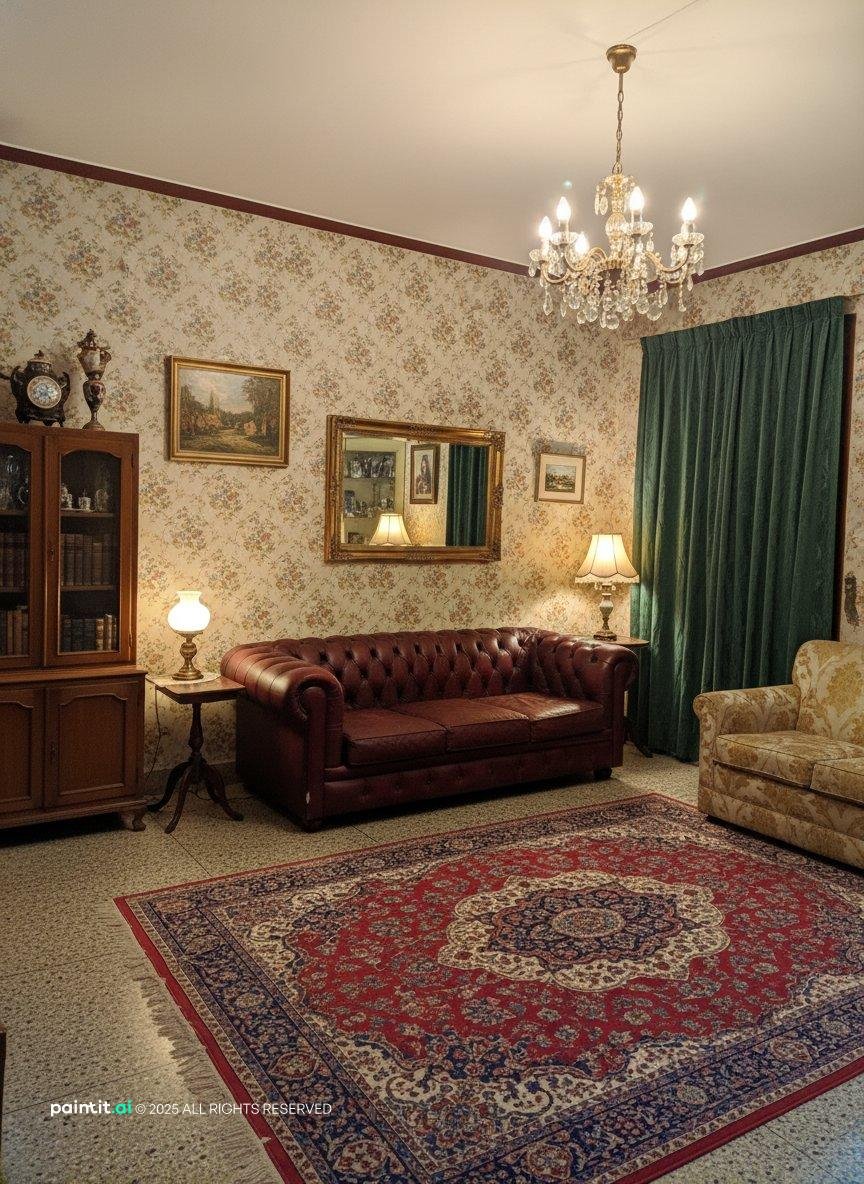 Small vintage living room with a burgundy sofa, a Persian rug, patterned wallpaper and a chandelier