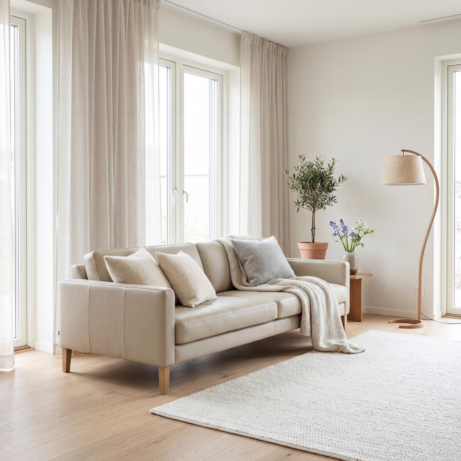 Bright Scandinavian style light yellow living room design, emphasizing minimalism, natural wood, and a serene, airy aesthetic.