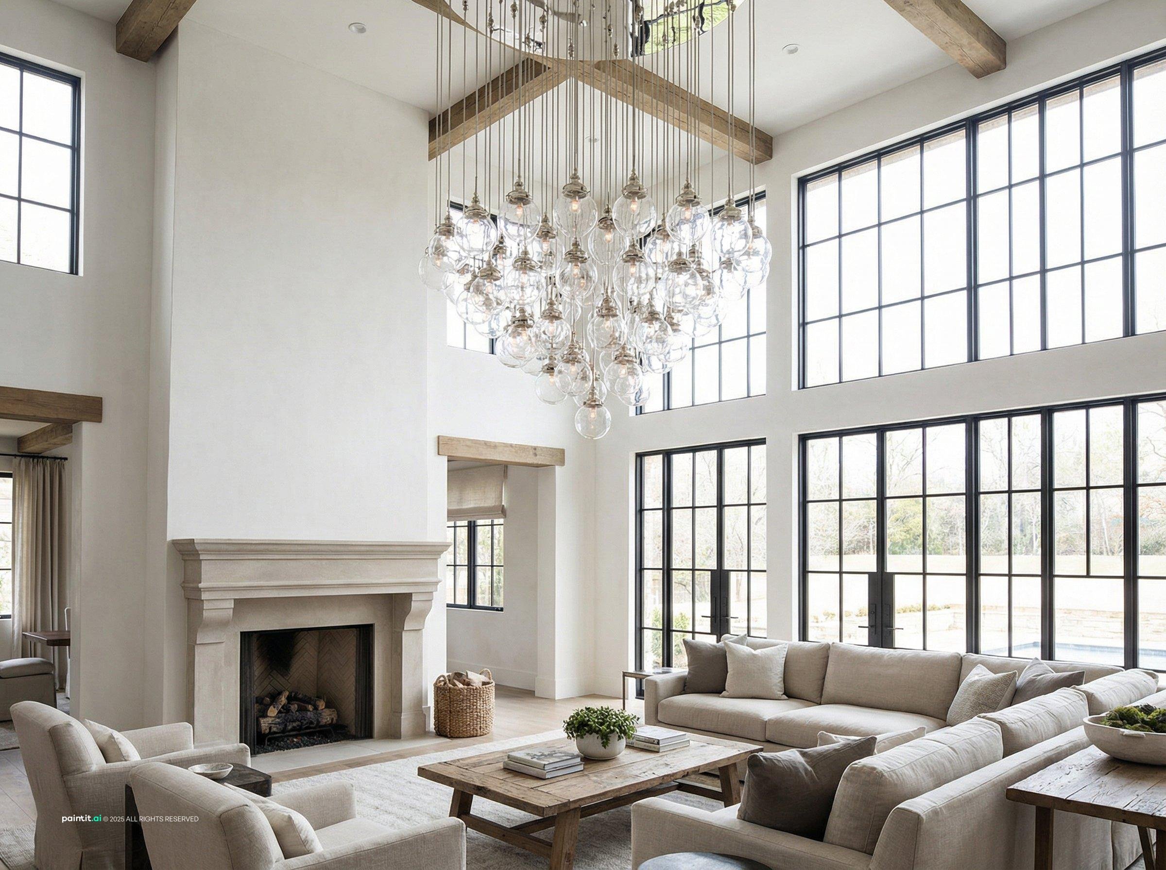 Large living room with statement chandelier and refined neutral palette
