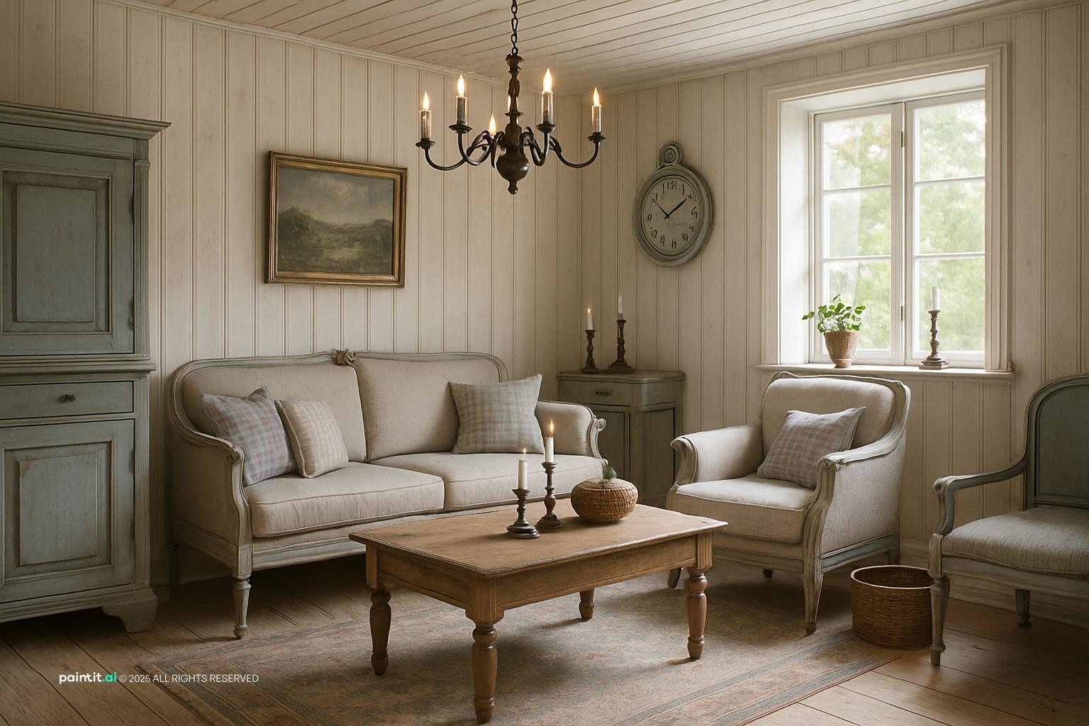 Charming Swedish Folk Style Living Room Design showing wall paneling detail, warm wood, soft textiles for Living Room Wall Paneling Ideas.