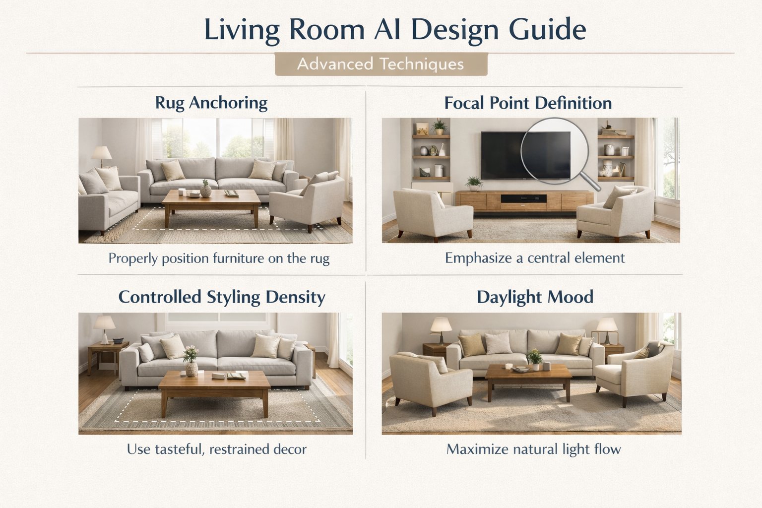 Advanced living room design techniques shown in a clean tutorial visual