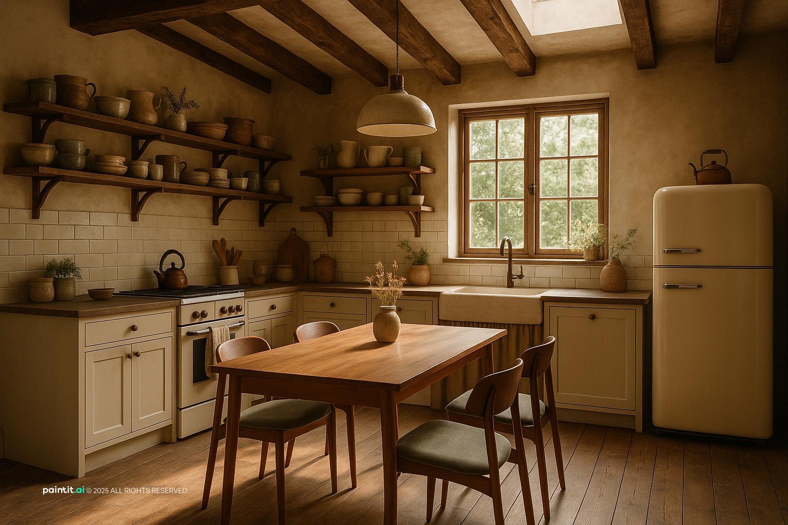 Cottage Interior with Charming Rustic Mid-Century Kitchen for Cottage Style Interior Design