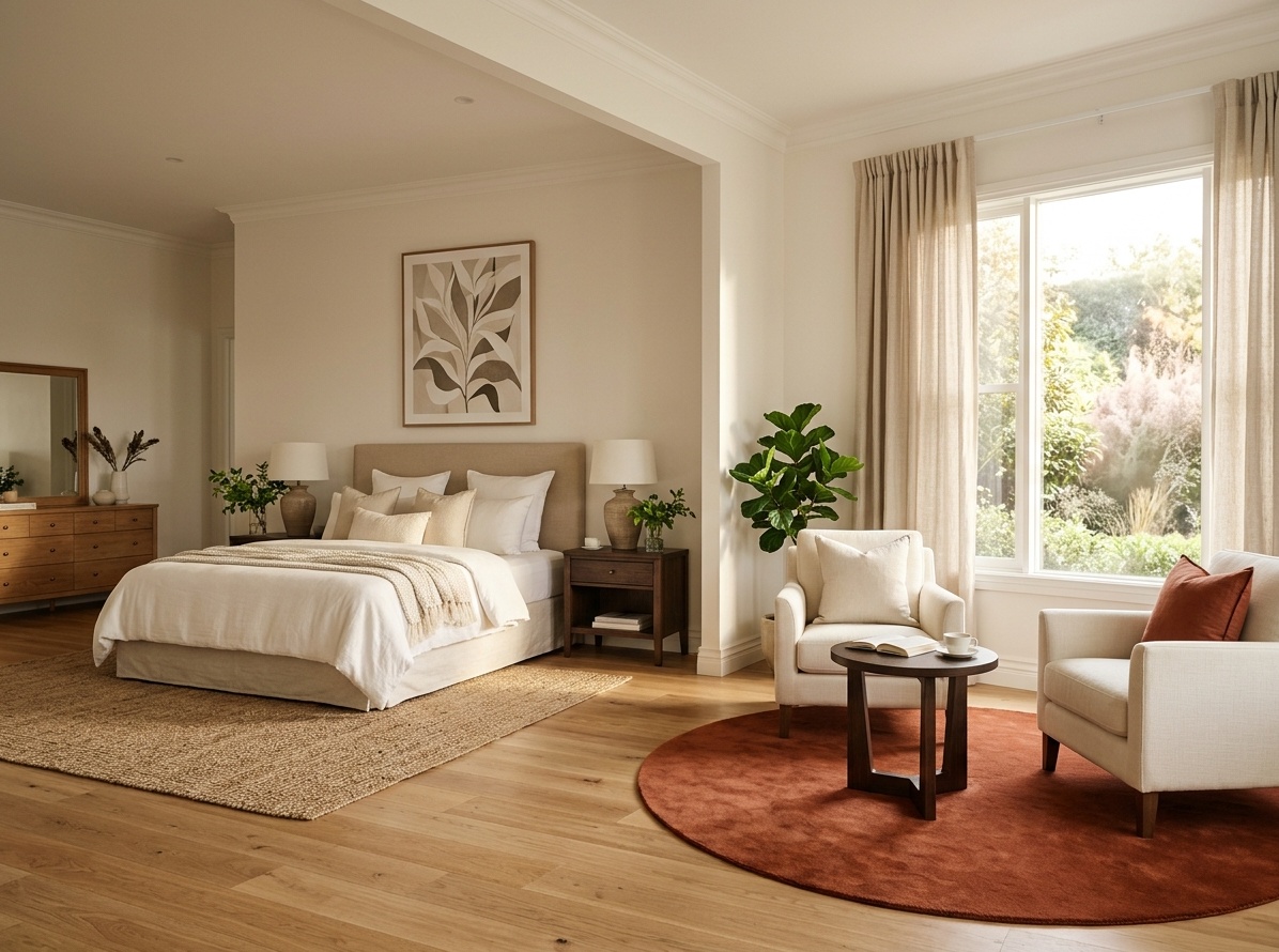 Spacious master bedroom with a sleeping zone and a separate lounge area  with two armchairs anchored on a terracotta round rug near the window