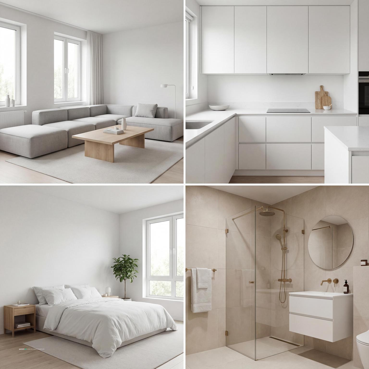 Minimalist Scandinavian-Japanese log cabin living room design, with clean lines and a neutral palette.