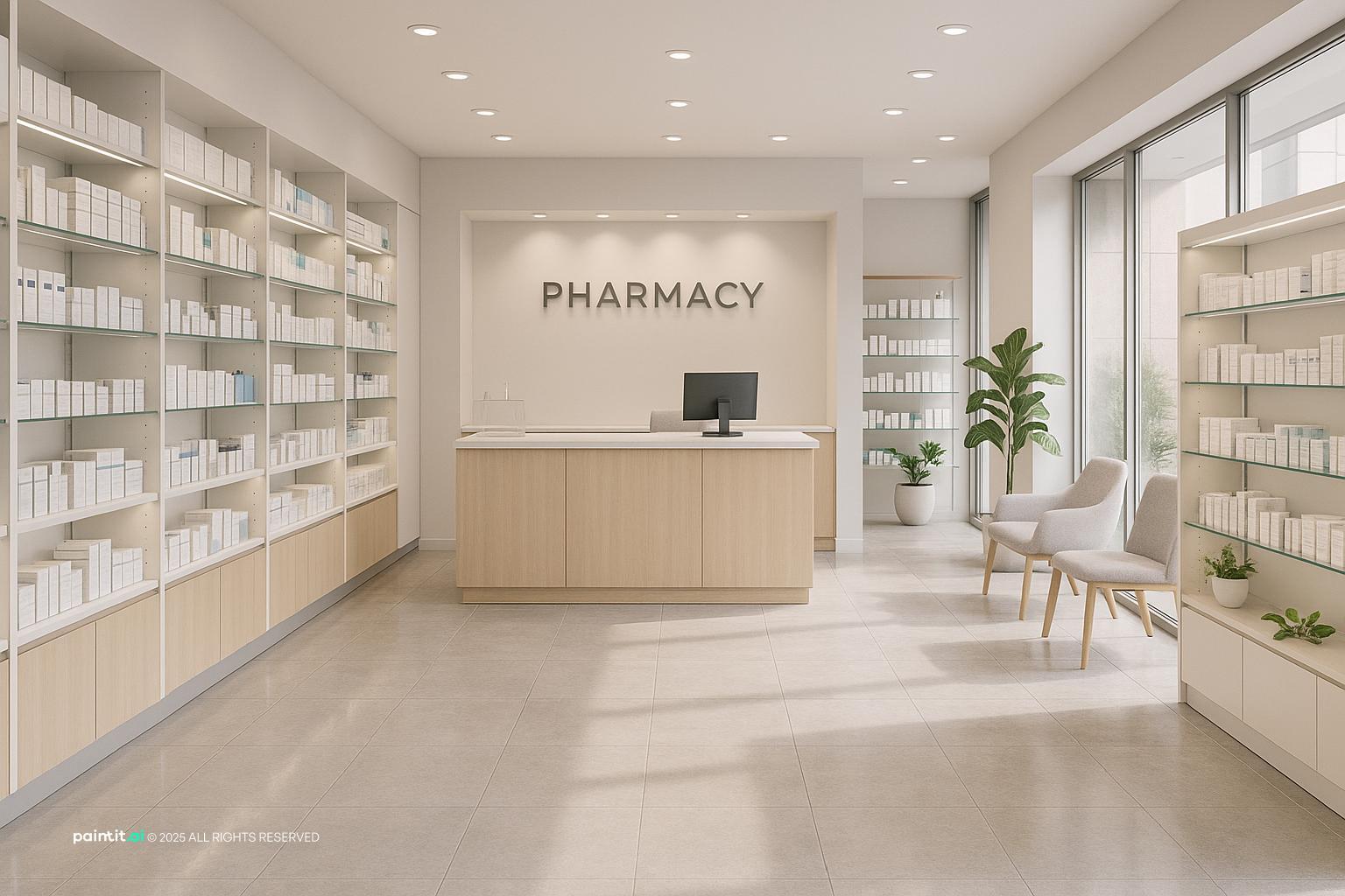Pharmacy Interior with crafted furniture and layered decor