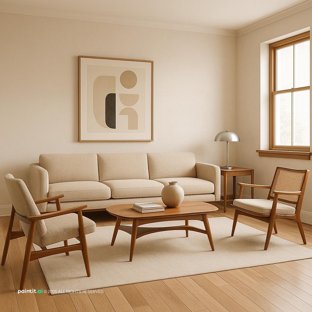 Elegant 1950s living room design with refined mid-century modern furnishings, rich materials, and a sophisticated color palette.