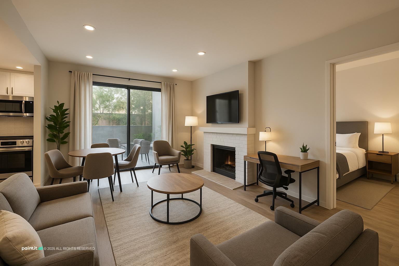 One-bedroom condo layout with an entry kitchen, a sofa facing a fireplace, a desk corner and the bedroom door