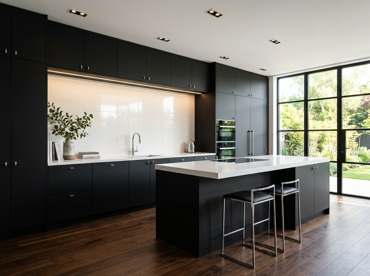 Dramatic kitchen with matte black flat-panel cabinets, white quartz countertop,  under-cabinet lighting, and dark walnut brown floors