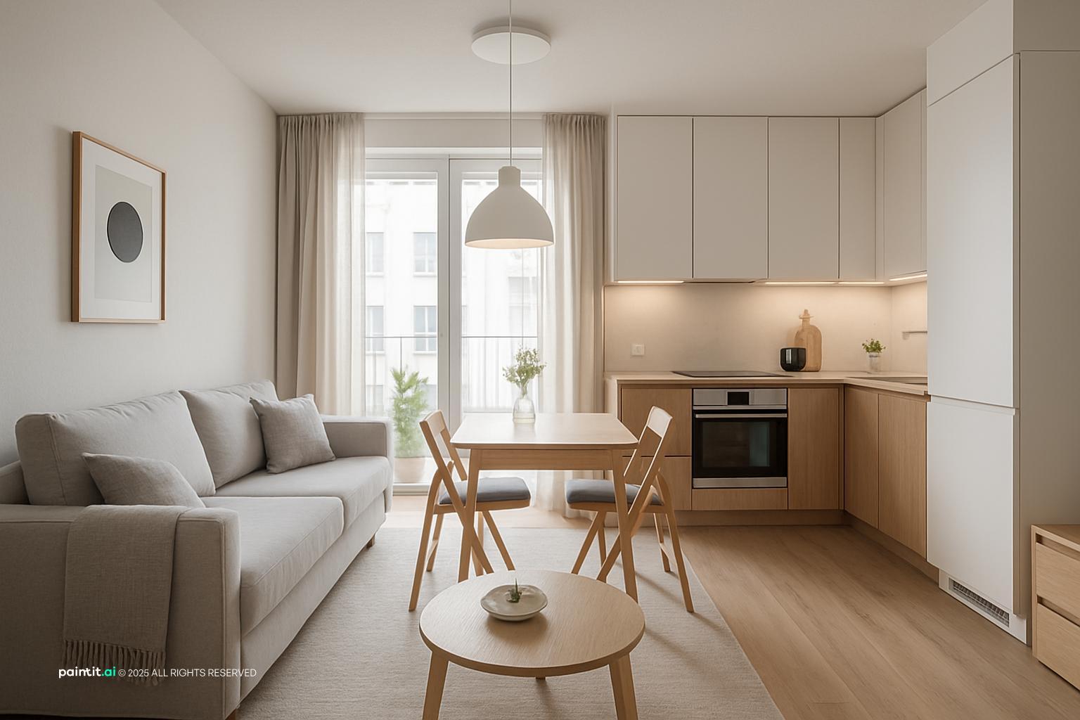 Compact open-plan living room with a gray sofa, round dining table with wood chairs and a white and oak kitchen along one wall