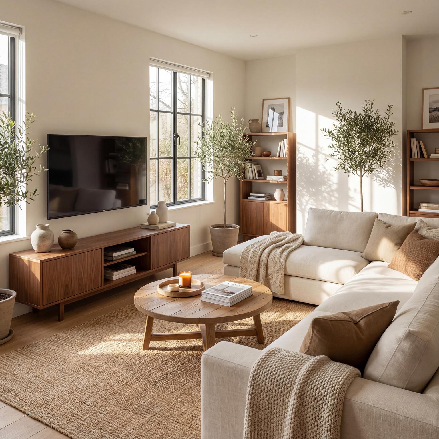 Modern cozy living room design, featuring warm textures and smart layouts to create an inviting very small living room haven.