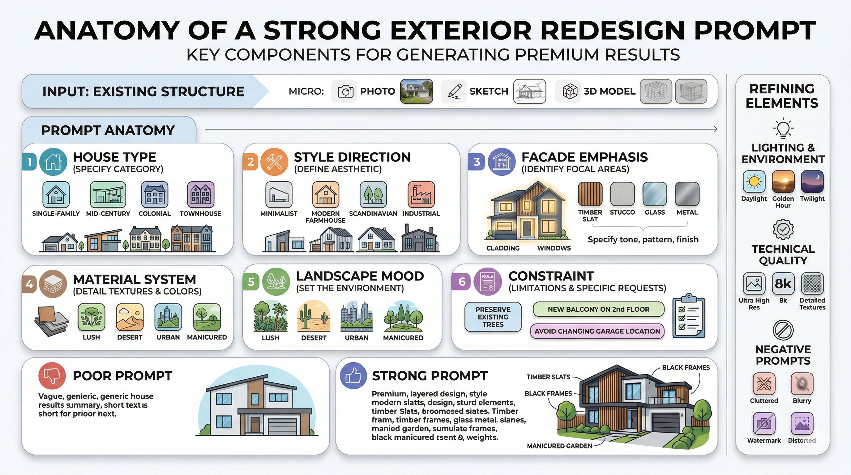 Infographic showing the structure of a strong home exterior redesign prompt