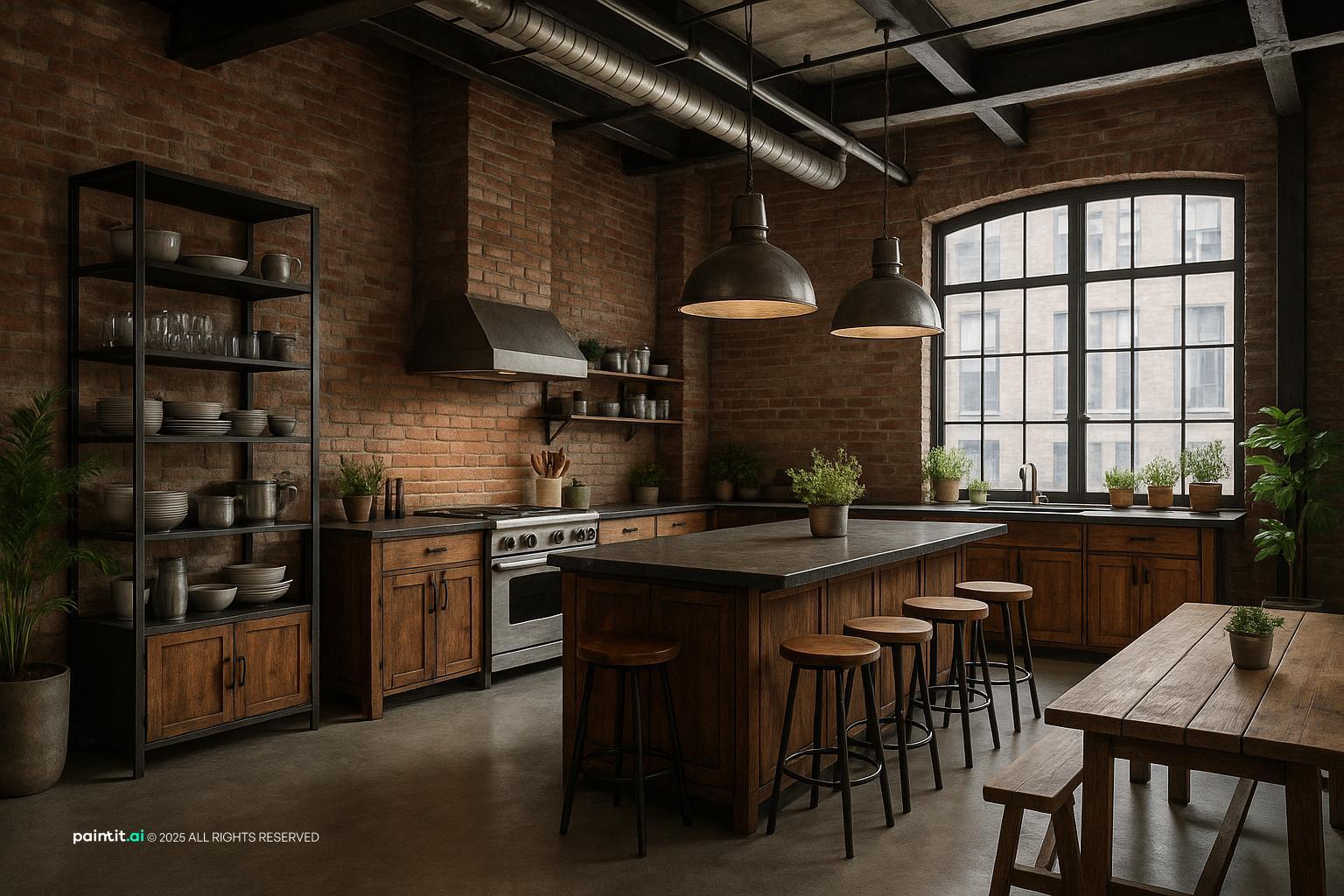 Exposed Brick Loft Kitchen with Concrete Floors for New York Loft Style Interior Design