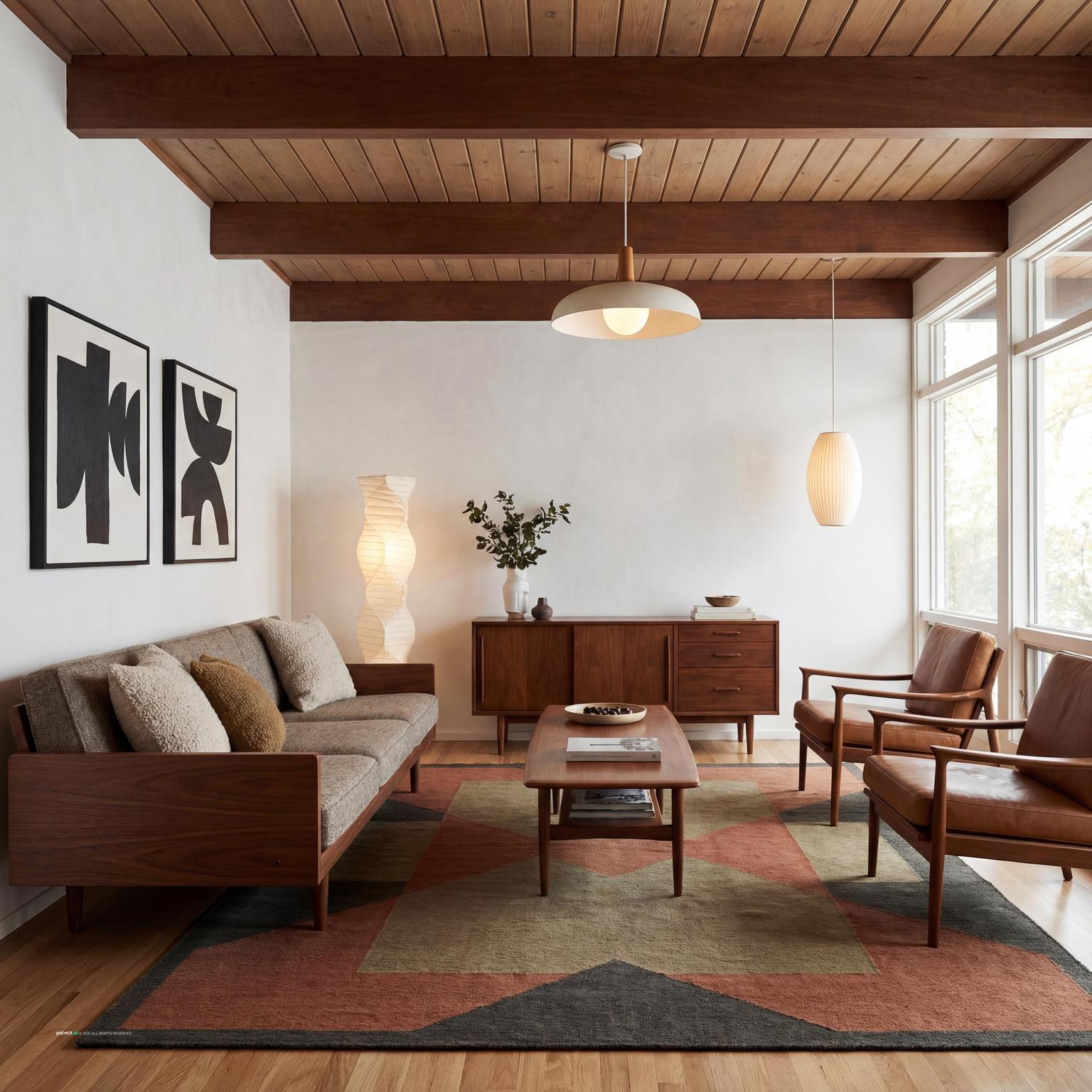 Stylish Mid-Century Modern 70s living room design, featuring iconic pieces, rich textures, earthy color schemes, and a chic, retro appeal.