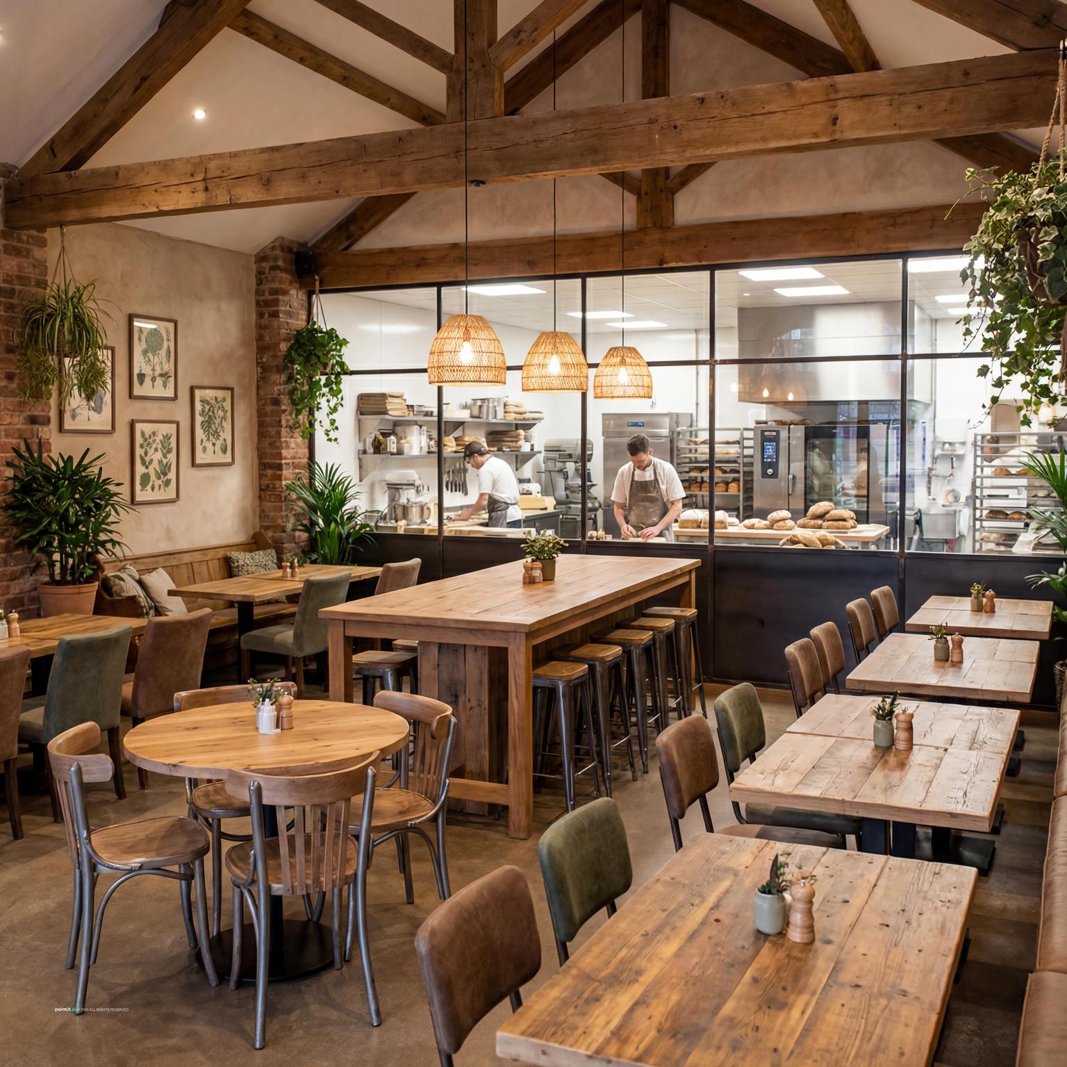 Rustic cafe interior with wood finishes and display shelves