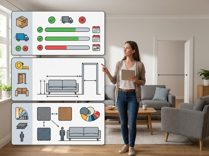 Shopper checking product availability, sofa clearance, and visual fit before buying furniture online