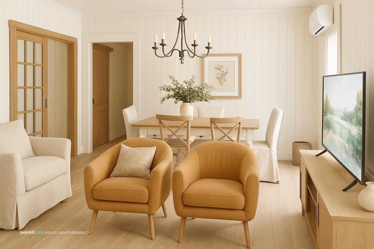 Coastal dining room with rattan armchairs, a chandelier and pale walls