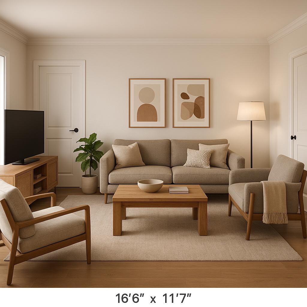Cozy Modern Living Room Design showing clear furniture layout, soft textiles, layered neutrals for Awkward Living Room Layout Ideas.