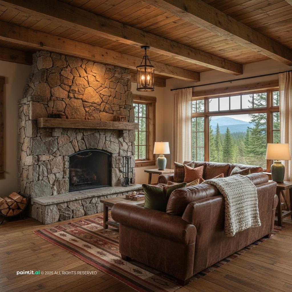 Rustic cabin living room with a floor-to-ceiling stone fireplace, a leather sofa and large windows onto the woods