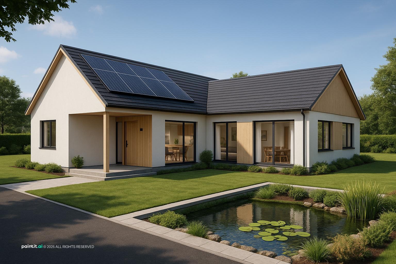 3d rendering of a Scandinavian-style L-shaped bungalow on a 22x40 with wood and windows and a calm living room atmosphere.