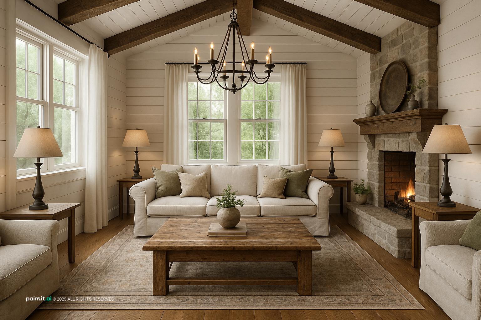 New England coastal Colonial interior with painted wood navy accents and natural light 10