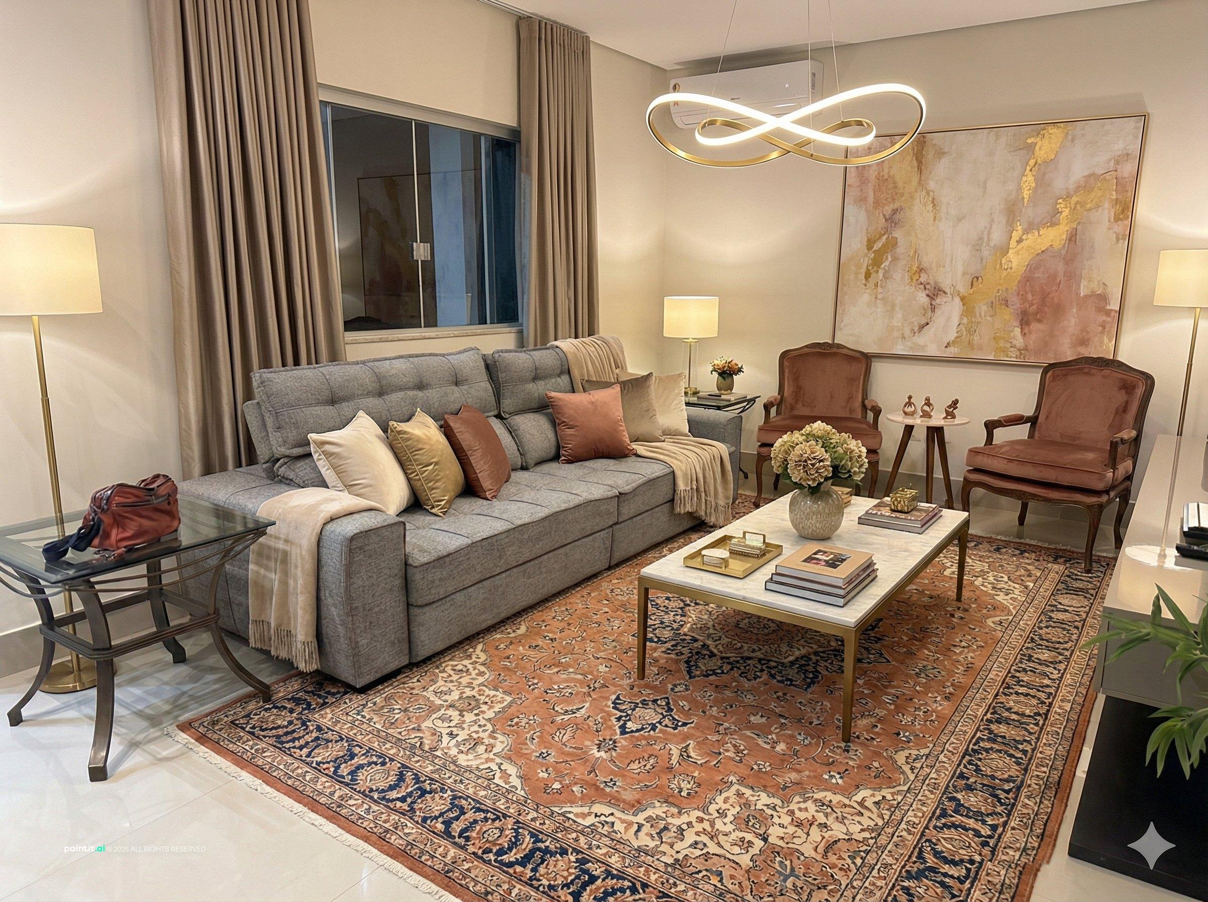 Living room with a gray sofa, wooden armchairs, a Persian rug and a large colorful abstract painting
