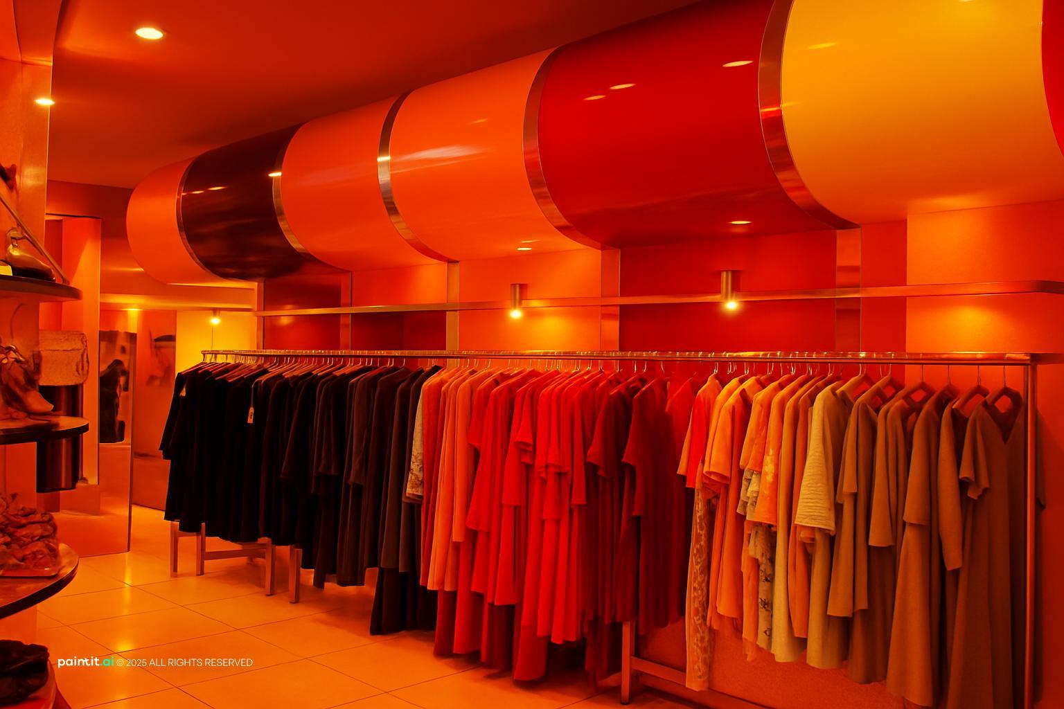 Clothing store with a bold orange ceiling feature, rails of colorful garments and warm lighting