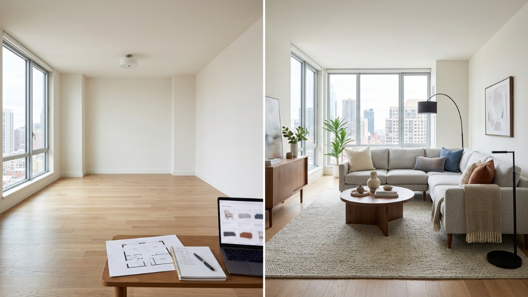 Empty living room compared with a visually staged furniture layout showing sofa scale and clear circulation.