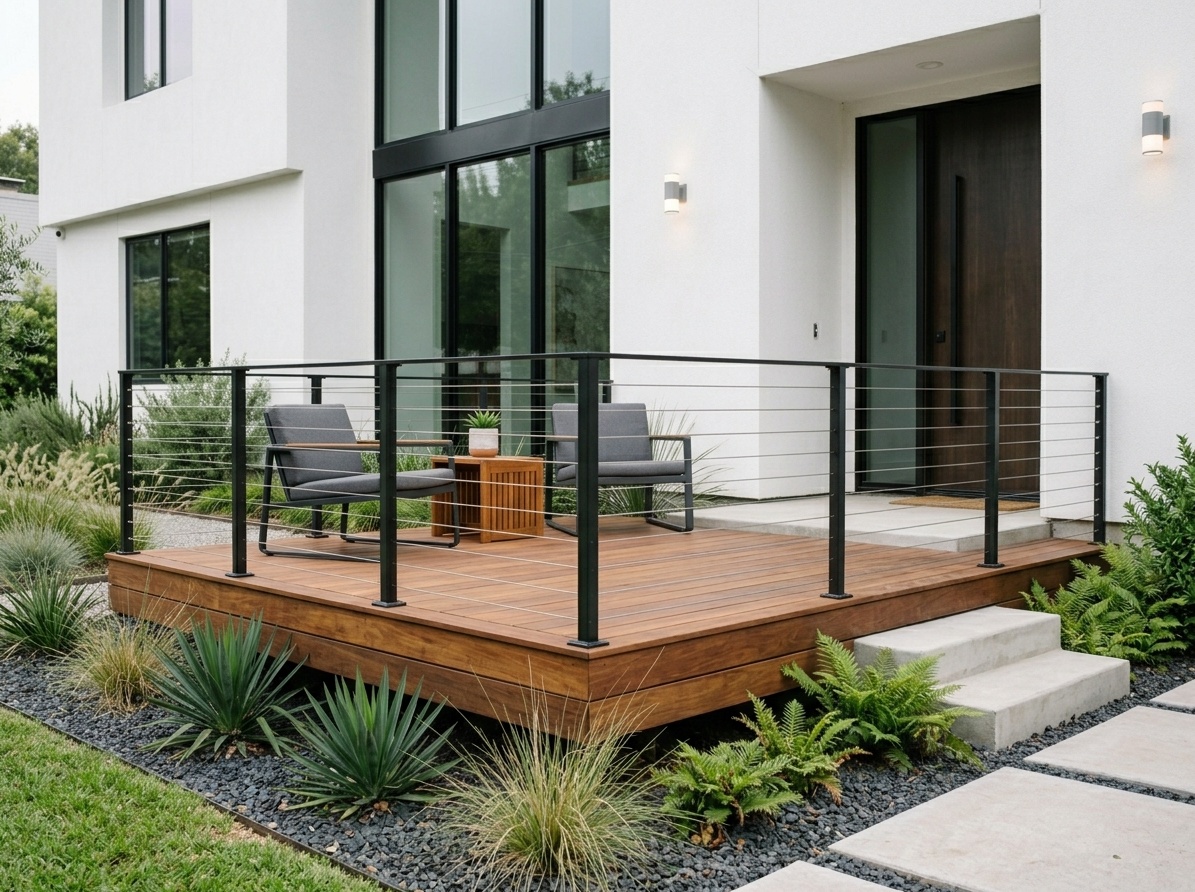 Modern front deck with horizontal stainless steel cable railing system and natural Ipe hardwood decking