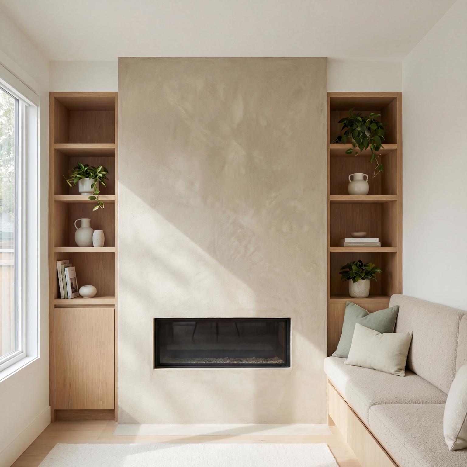 Organic style dark cottagecore living room with a modern fireplace, blending natural textures, deep colors, and serene, grounded warmth.
