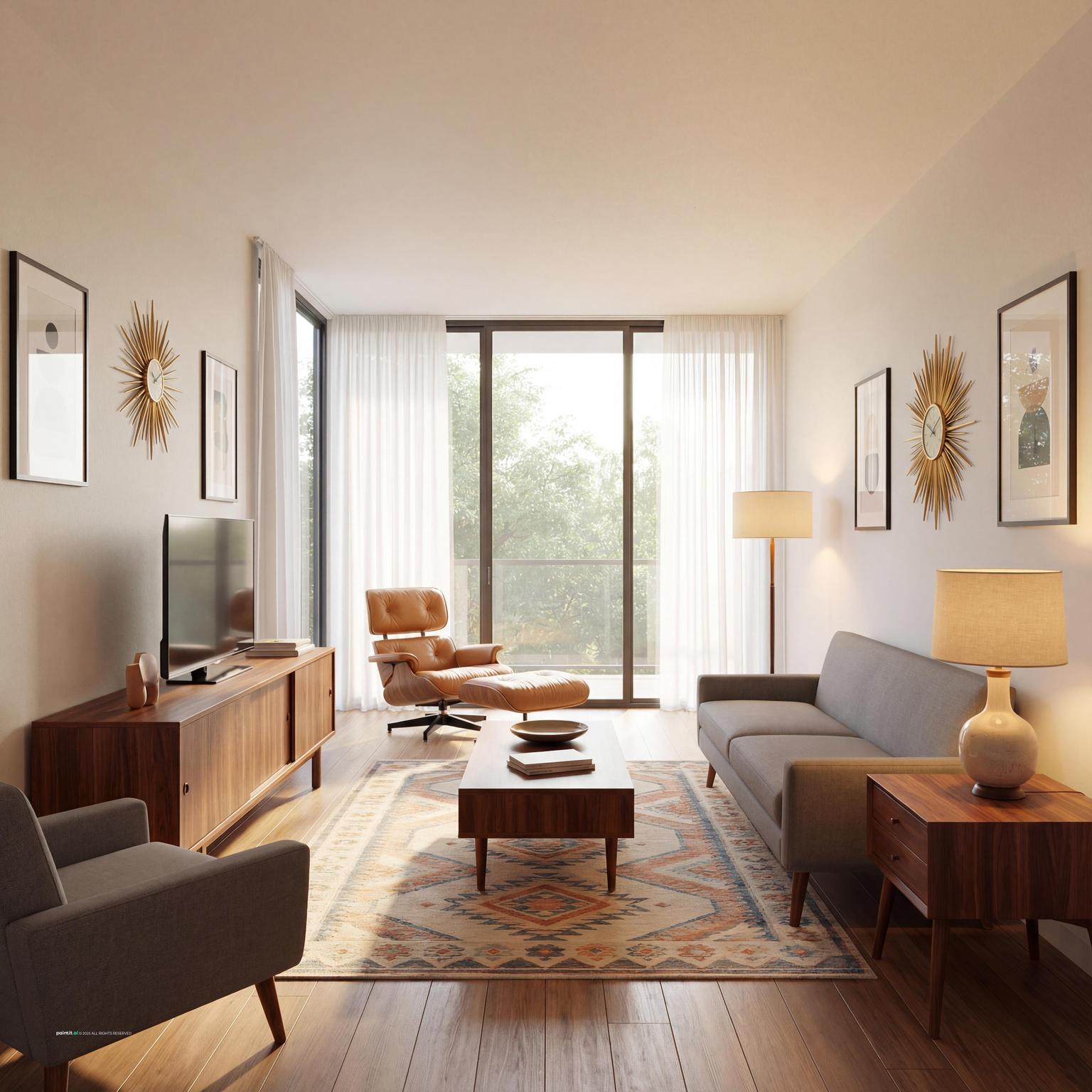 Elegant Mid-Century Modern living room, blending sophisticated design with the relaxed, expressive comfort characteristic of a 70s home.