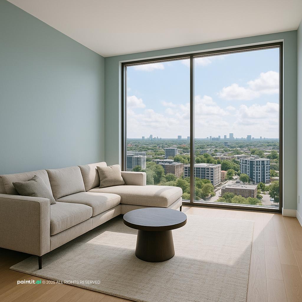 Stunning Modern Condo Living Room Design showing beige foundation, blue accents, layered neutrals for Beige and Blue Living Room Ideas.