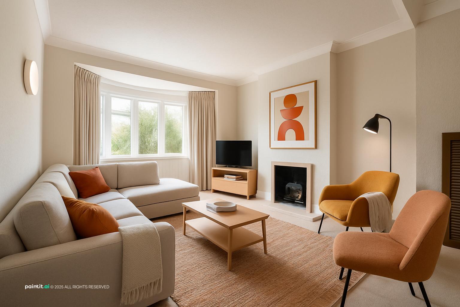 Light earthy living room with a cream sectional, rust cushions and an ochre chair