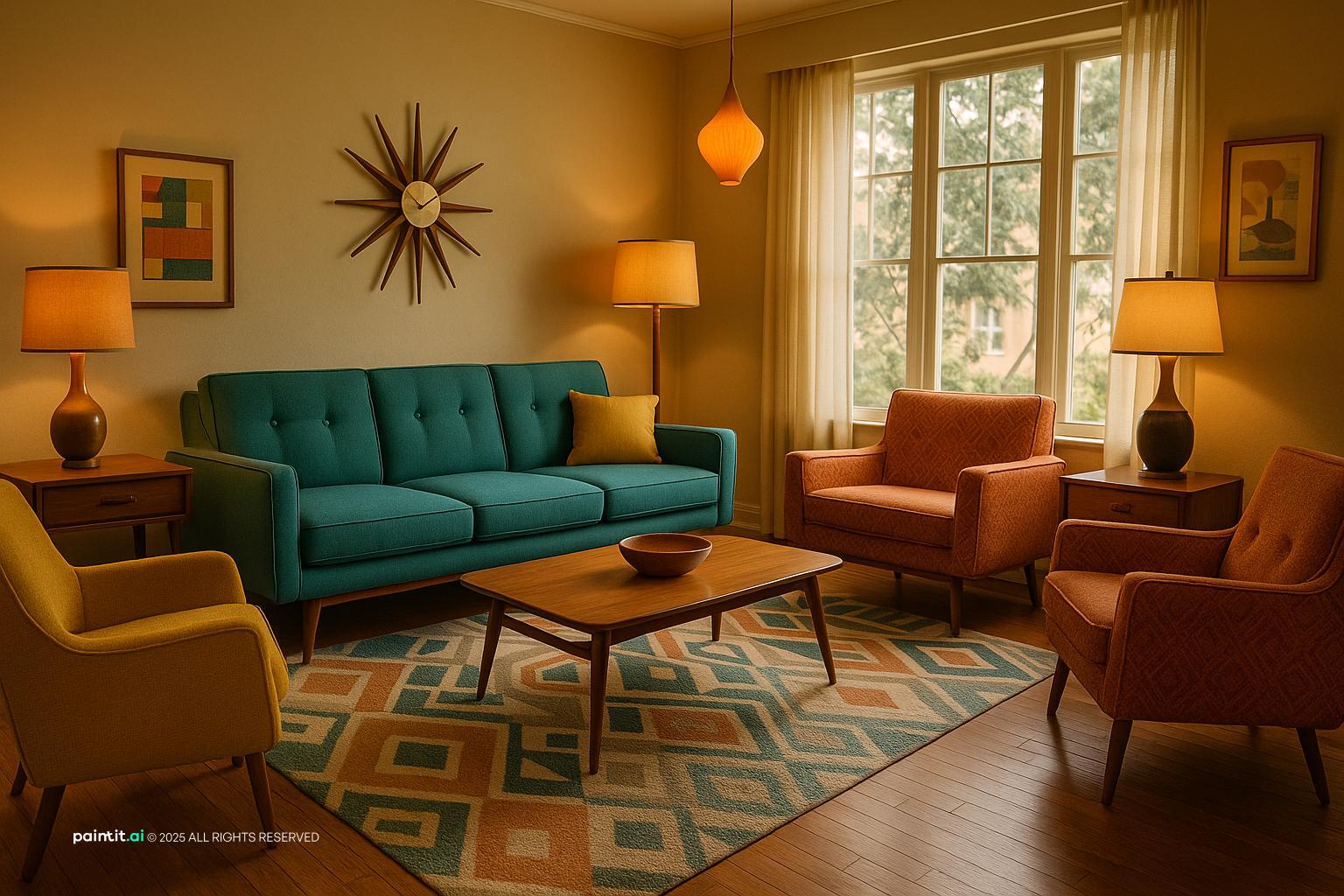 1950s living room with a teal sofa, orange armchairs, a sunburst mirror and a geometric rug