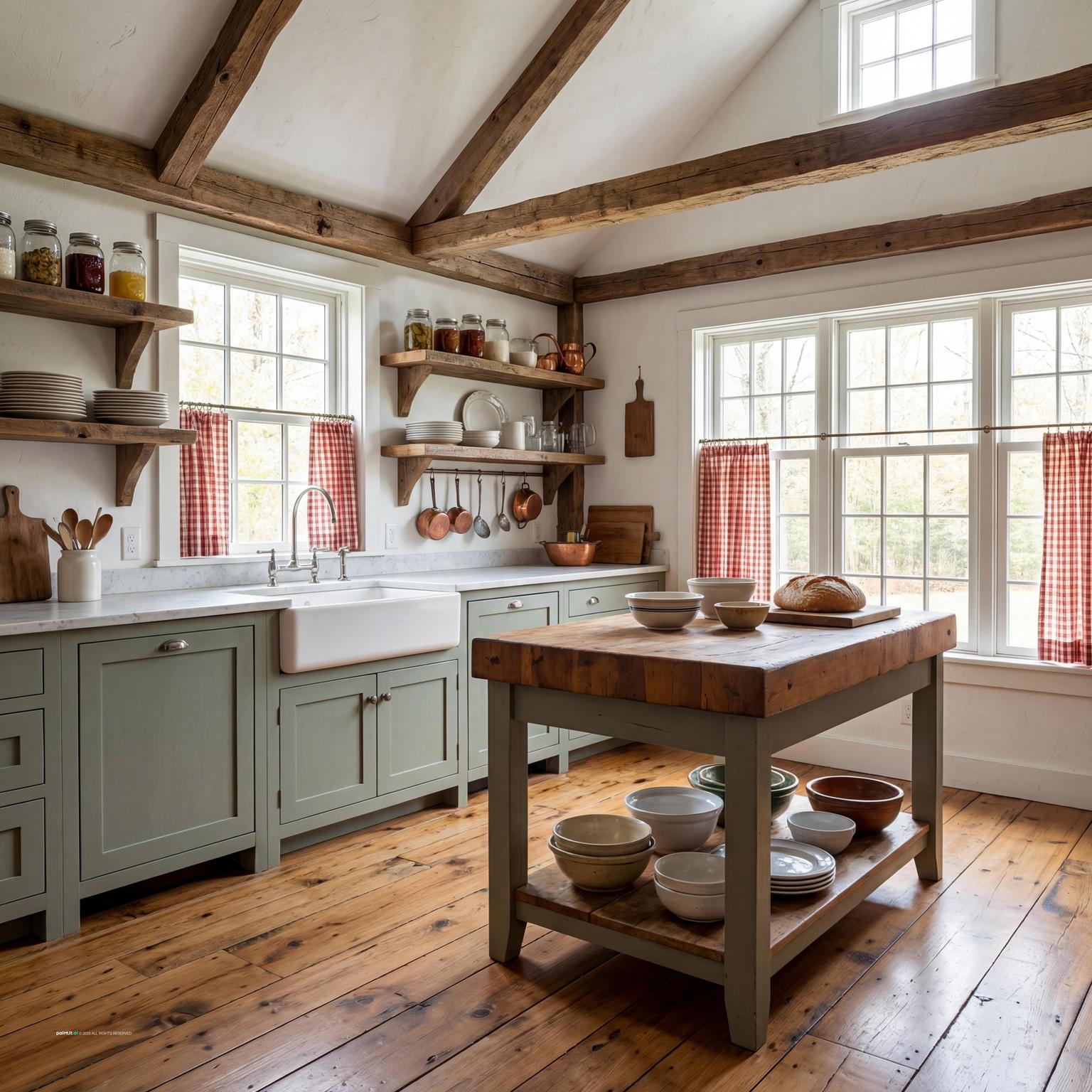 Farmhouse kitchen with whitewashed walls, dark ceiling beams, sage cabinets and a butcher-block island