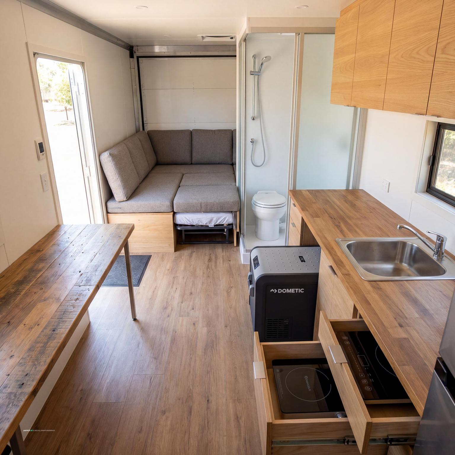 Stylish 20ft box truck living conversion, showcasing clever space-saving solutions for a very small mobile living room.