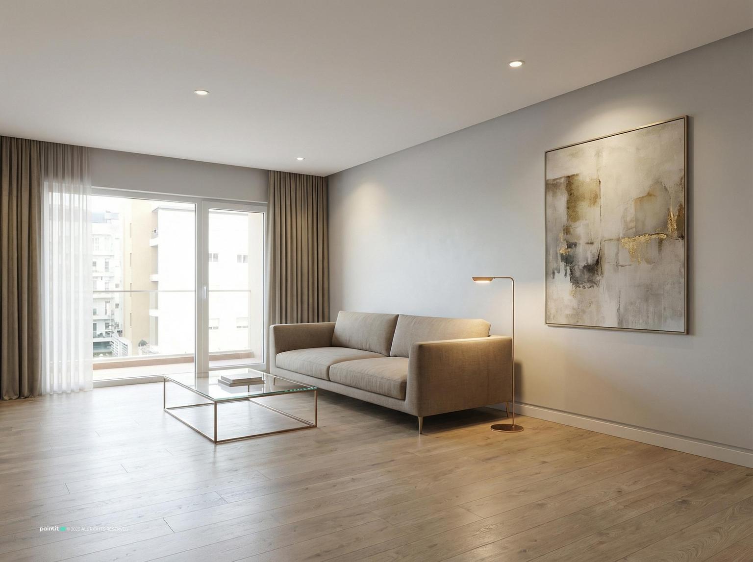 Simple living room with very light gray walls, a light gray sofa, a glass coffee table and abstract art