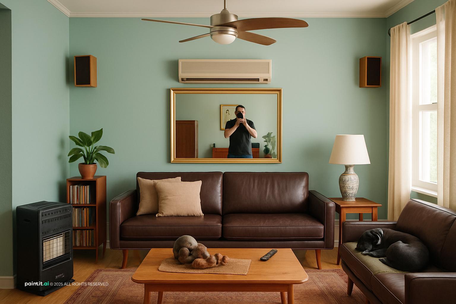 Mid-century living room with soft mint walls, a brown leather sofa, a walnut coffee table and a ceiling fan