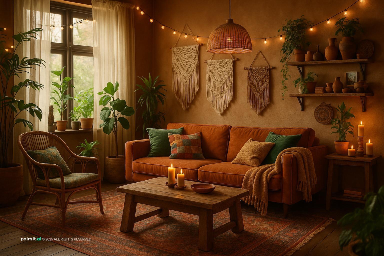 Stunning Bohemian Living Room Design showing cozy softness, soft textiles, plants and greenery for Cozy Living Room Ideas.