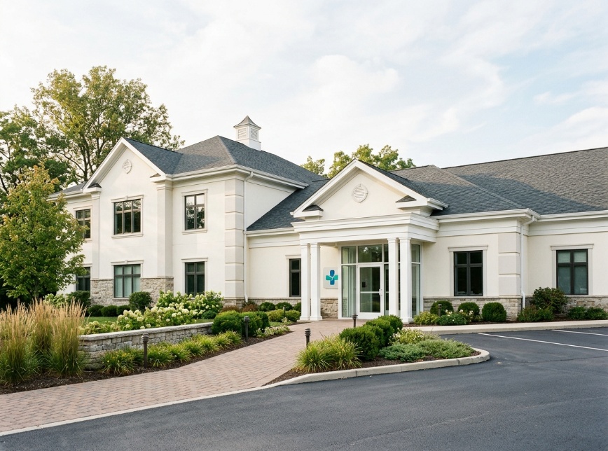 Low-rise commercial building in warm ivory white with stone accents and landscaped entrance.