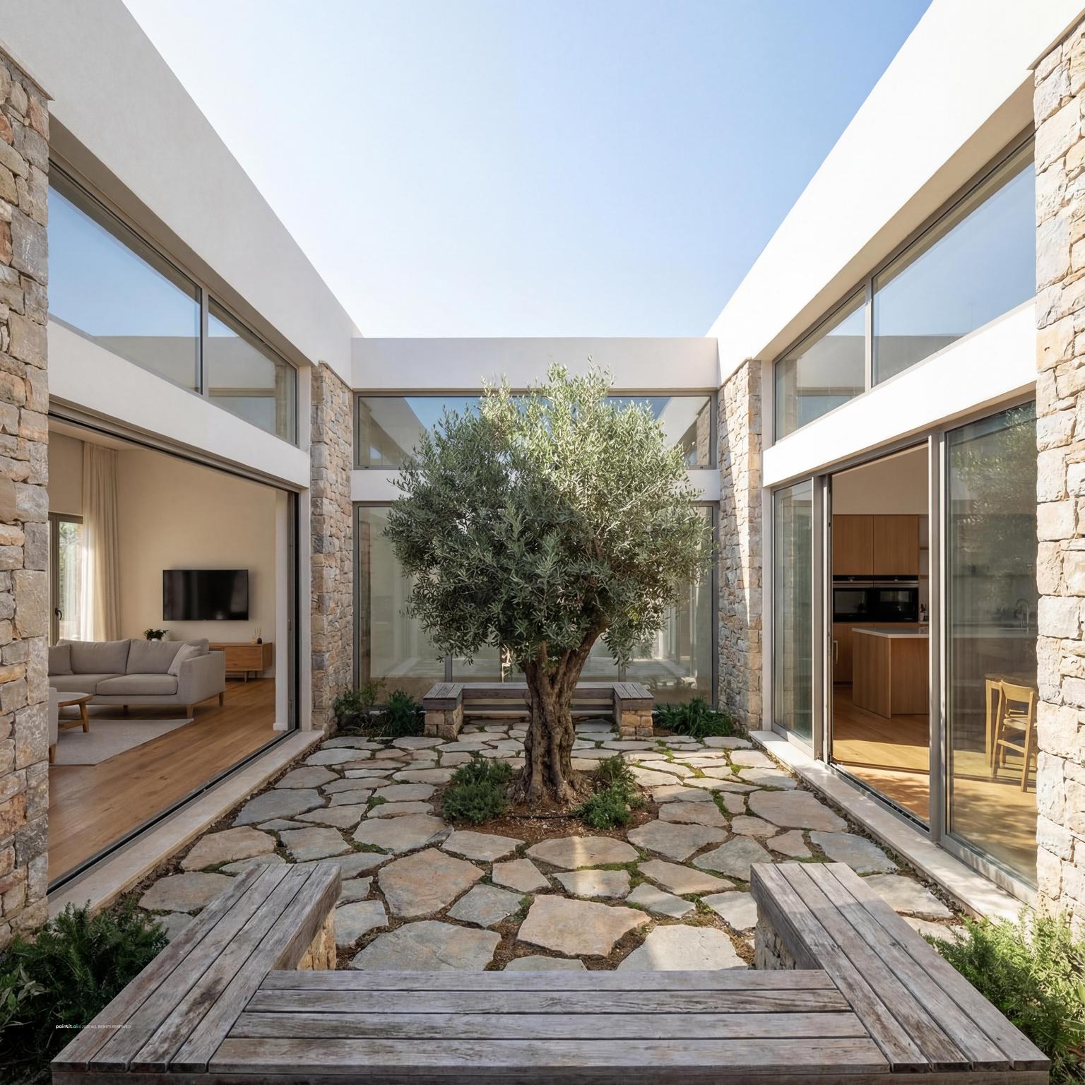 Modern Inverted U Bungalow Design with a central zen garden living room courtyard.