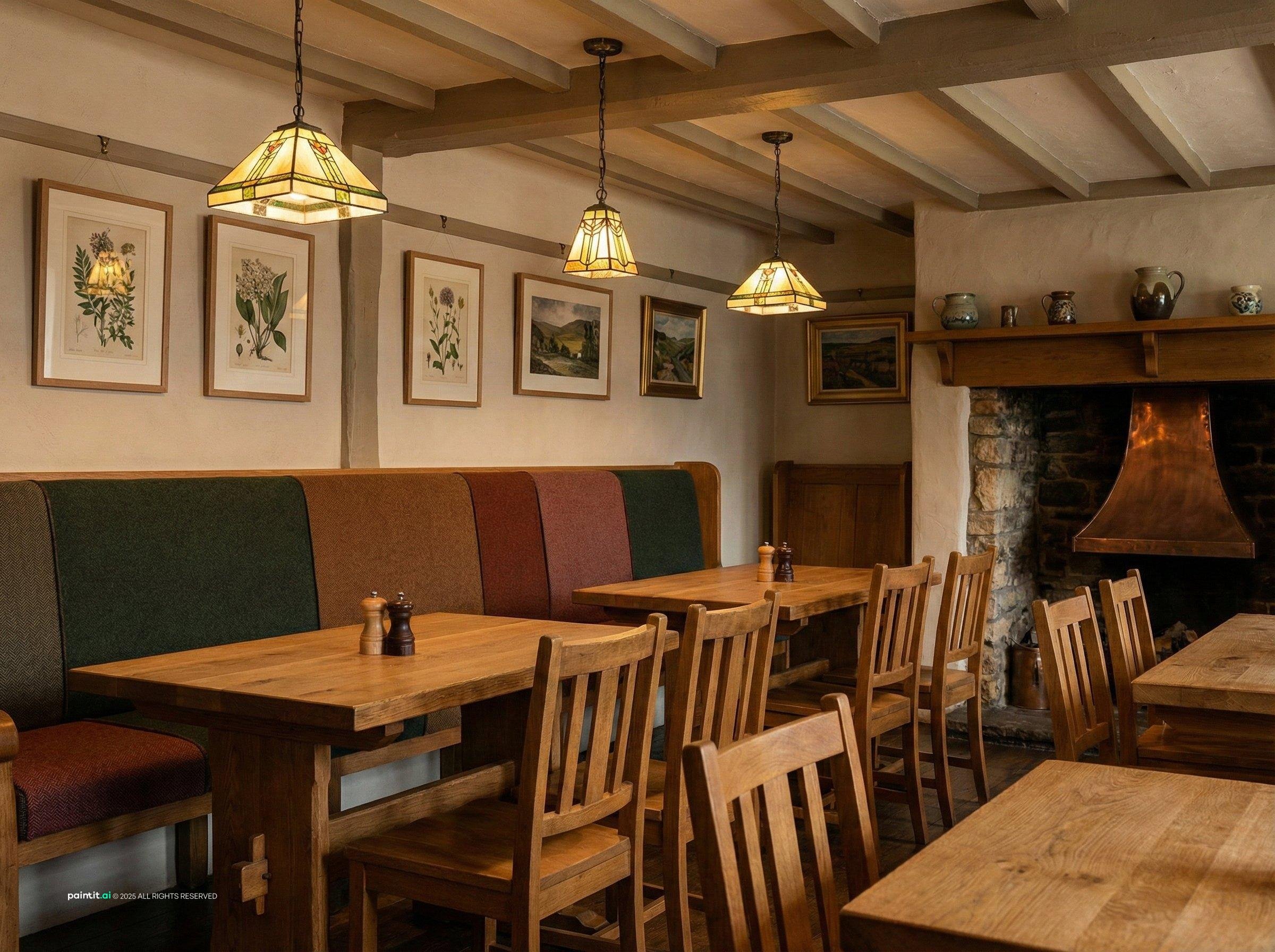 Arts and Crafts dining space with oak tables, built-in booths, slag-glass pendant lamps and a stone fireplace