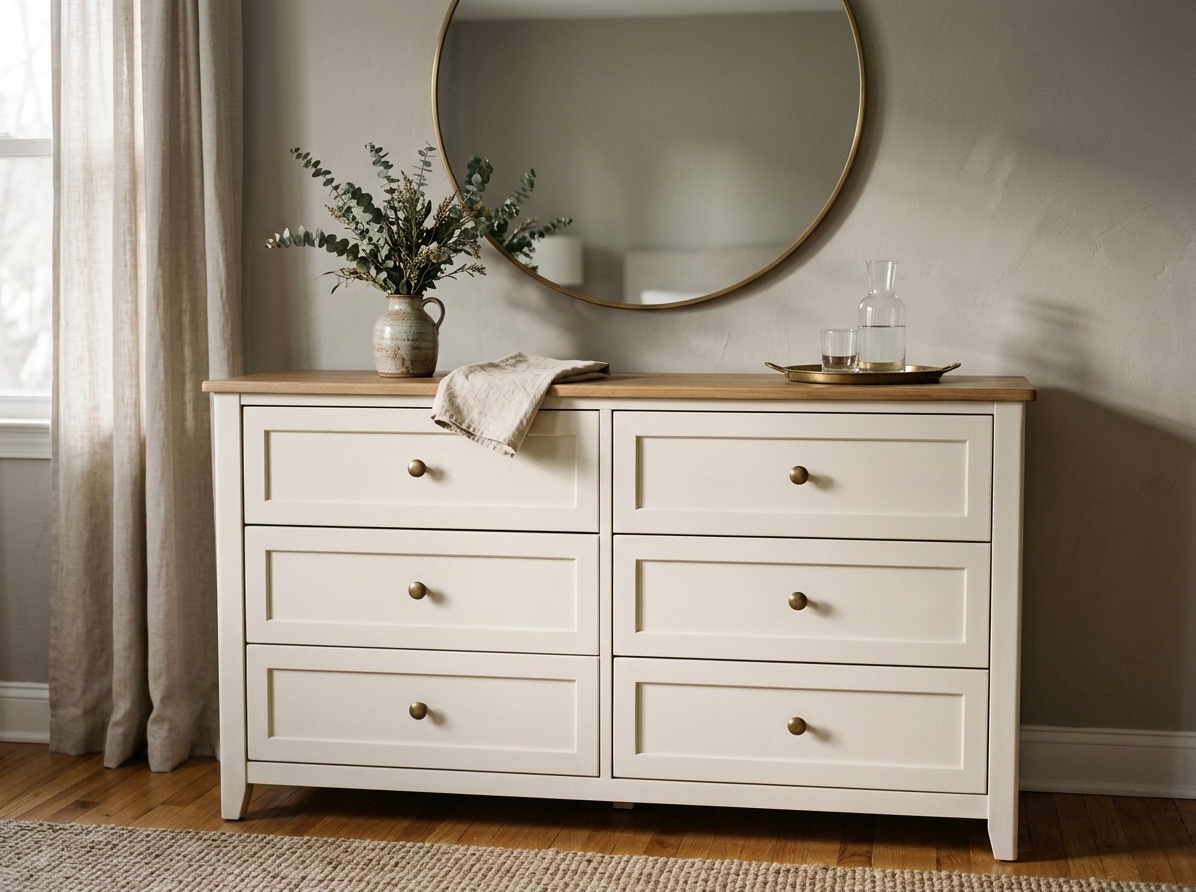 Classic bedroom dresser painted in warm off-white matte finish  with aged brass knob hardware against a soft gray wall