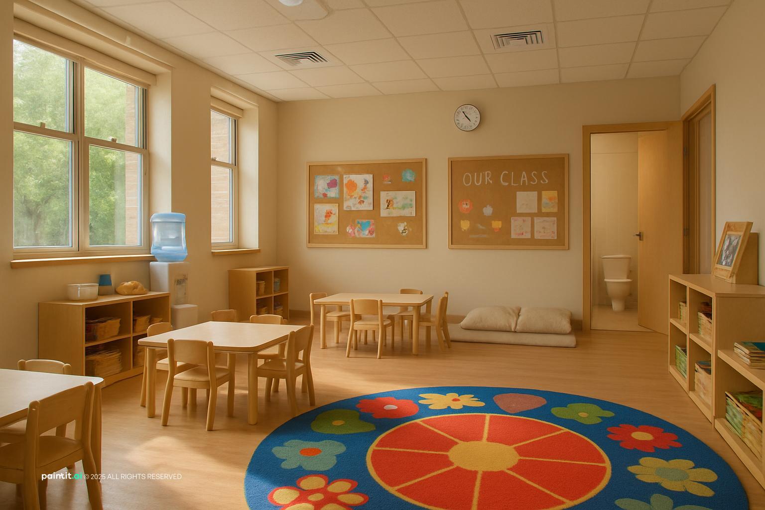 Preschool classroom with a round flower rug, small tables and chairs and a notice board