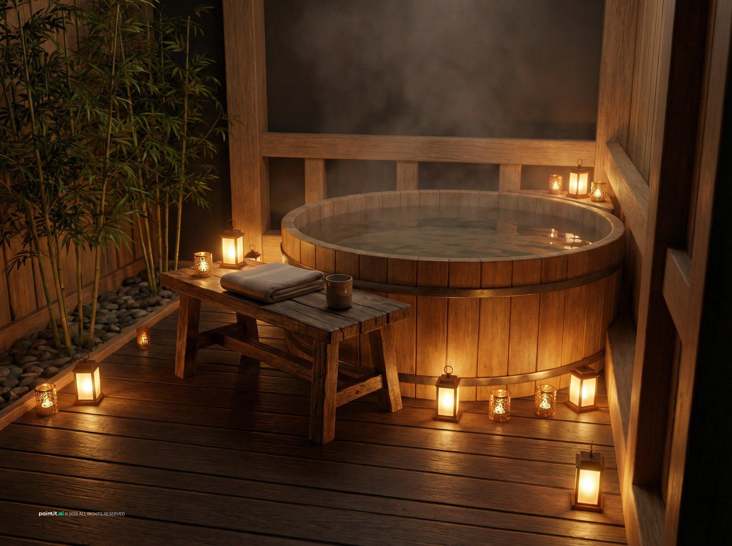 Outdoor wooden soaking tub on a deck lit by lanterns, with bamboo behind
