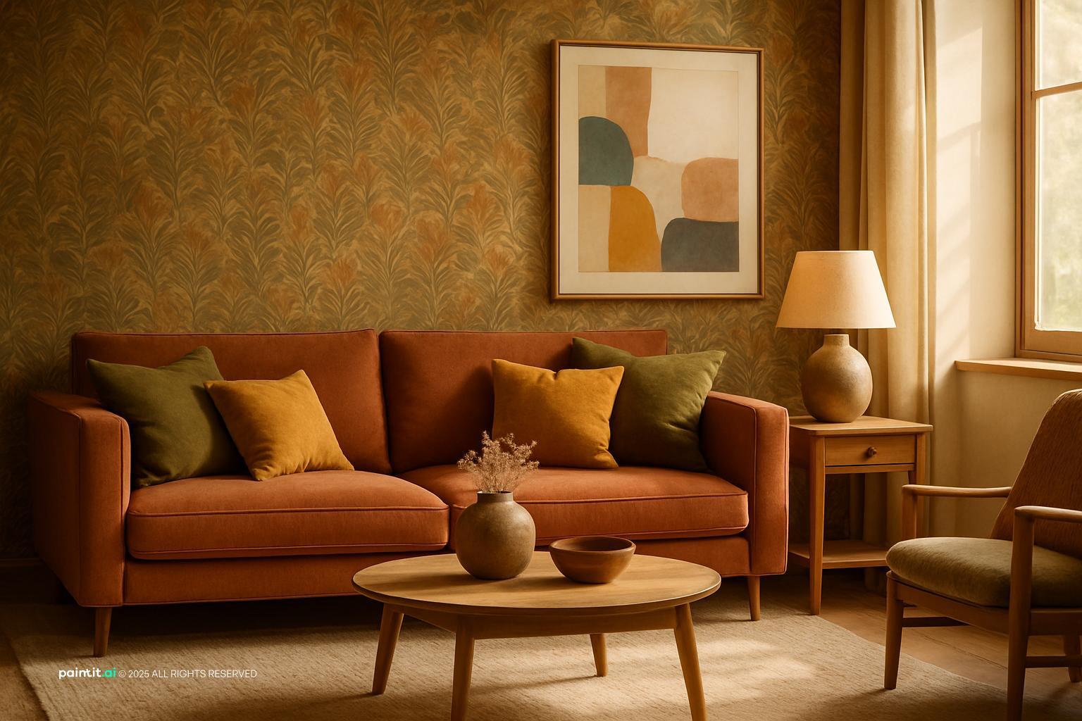 Earthy living room with a rust sofa, ochre patterned wallpaper and a round coffee table